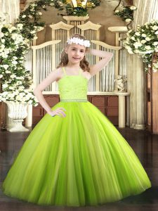 Sleeveless Floor Length Beading and Lace Zipper Little Girls Pageant Gowns with Yellow Green