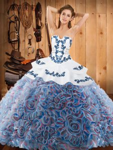 Multi-color Satin and Fabric With Rolling Flowers Lace Up Quinceanera Gowns Sleeveless With Train Sweep Train Embroidery