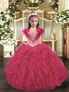 Floor Length Lace Up Child Pageant Dress Hot Pink for Party and Sweet 16 and Quinceanera with Beading and Ruffles