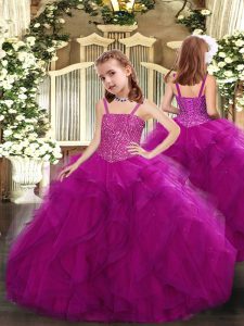 Floor Length Lace Up Kids Pageant Dress Fuchsia for Sweet 16 and Quinceanera with Beading and Ruffles