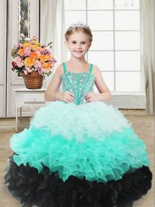 Straps Sleeveless Organza Little Girl Pageant Dress Beading and Ruffles Lace Up