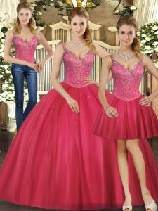 Floor Length Hot Pink Sweet 16 Dresses Straps Sleeveless Lace Up