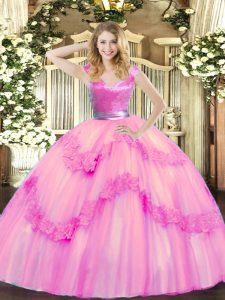 Rose Pink Ball Gowns Beading and Appliques 15 Quinceanera Dress Zipper Tulle Sleeveless Floor Length