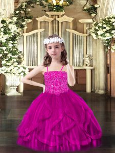 Attractive Spaghetti Straps Sleeveless Little Girls Pageant Dress Floor Length Beading and Ruffles Fuchsia Tulle