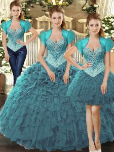 Stylish Tulle Straps Sleeveless Lace Up Beading and Ruffles 15th Birthday Dress in Teal