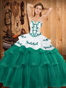 Turquoise Lace Up Strapless Embroidery and Ruffled Layers Quinceanera Gown Tulle Sleeveless Sweep Train