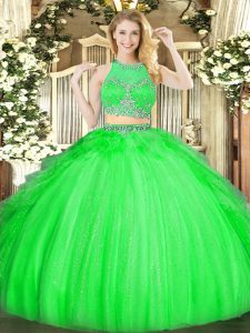 Green Tulle Zipper Quinceanera Dress Sleeveless Floor Length Beading and Ruffles