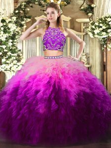 Comfortable Floor Length Zipper Sweet 16 Quinceanera Dress Multi-color for Military Ball and Sweet 16 and Quinceanera with Beading and Ruffles