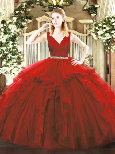 Tulle V-neck Sleeveless Zipper Beading and Ruffles Sweet 16 Quinceanera Dress in Wine Red