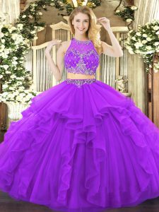 Elegant Purple Two Pieces Scoop Sleeveless Tulle Floor Length Zipper Beading and Ruffles Quinceanera Gowns