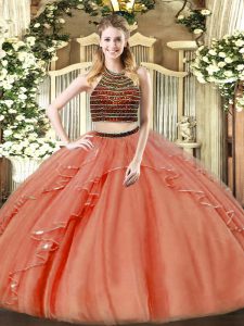 Beauteous Ball Gowns Ball Gown Prom Dress Rust Red Halter Top Organza Sleeveless Floor Length Zipper