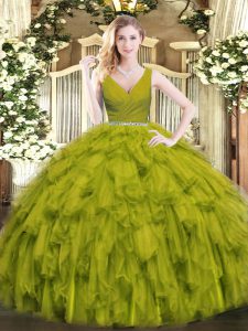 Olive Green V-neck Neckline Beading and Ruffles Sweet 16 Dresses Sleeveless Zipper