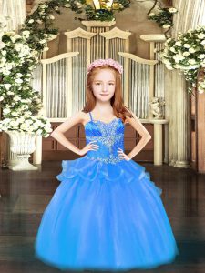 Beading Little Girls Pageant Gowns Baby Blue Lace Up Sleeveless Floor Length