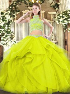 Fantastic Tulle High-neck Sleeveless Backless Beading and Ruffles Sweet 16 Dress in Yellow Green