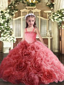 Modern Coral Red Ball Gowns Fabric With Rolling Flowers Straps Sleeveless Appliques Floor Length Lace Up Pageant Dress Wholesale