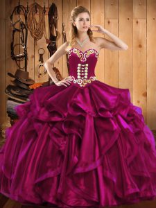 Sleeveless Floor Length Embroidery and Ruffles Lace Up Quince Ball Gowns with Fuchsia