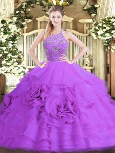 Vintage Floor Length Zipper Quinceanera Dresses Eggplant Purple and In with Beading and Ruffled Layers