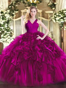 Floor Length Zipper Quince Ball Gowns Fuchsia for Military Ball and Sweet 16 and Quinceanera with Ruffles