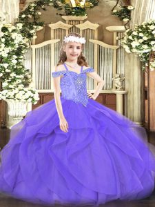 Best Beading and Ruffles Girls Pageant Dresses Lavender Lace Up Sleeveless Floor Length