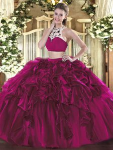 Tulle Sleeveless Floor Length Ball Gown Prom Dress and Beading and Ruffles