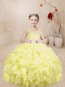 Light Yellow Sleeveless Beading and Ruffles Floor Length Child Pageant Dress