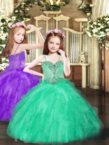 Turquoise Sleeveless Floor Length Beading and Ruffles Lace Up Kids Pageant Dress