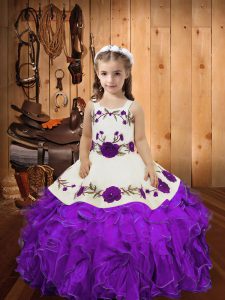 Floor Length Lace Up Child Pageant Dress Eggplant Purple for Sweet 16 and Quinceanera with Embroidery and Ruffles