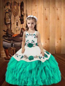 Aqua Blue Organza Lace Up Straps Sleeveless Floor Length Kids Pageant Dress Embroidery and Ruffles