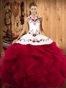 Fitting Ball Gowns Quinceanera Gowns Red Halter Top Tulle Sleeveless Floor Length Lace Up