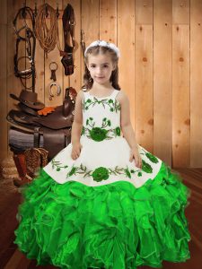 High Class Straps Sleeveless Organza Little Girl Pageant Gowns Embroidery and Ruffles Lace Up