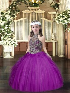 Tulle Halter Top Sleeveless Lace Up Beading and Ruffles High School Pageant Dress in Purple