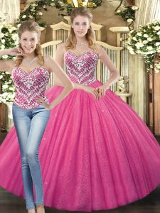 Excellent Hot Pink Lace Up Vestidos de Quinceanera Beading Sleeveless Floor Length