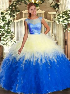 Multi-color Ball Gowns Scoop Sleeveless Organza Floor Length Backless Lace and Ruffles Sweet 16 Dress