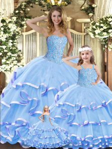 Lavender Ball Gowns Beading and Ruffled Layers Sweet 16 Dresses Lace Up Organza Sleeveless Floor Length