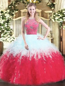 Glorious Tulle Halter Top Sleeveless Zipper Beading and Ruffles Quince Ball Gowns in Multi-color