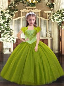 Dramatic Floor Length Lace Up Pageant Dress for Teens Olive Green for Sweet 16 and Quinceanera with Beading