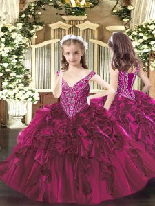 Beautiful Floor Length Fuchsia Pageant Gowns For Girls Organza Sleeveless Beading and Ruffles