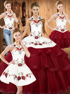 Fantastic Wine Red Sleeveless Sweep Train Embroidery and Ruffled Layers With Train Quince Ball Gowns