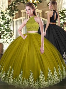 Pretty Floor Length Olive Green Quinceanera Gowns Halter Top Sleeveless Backless