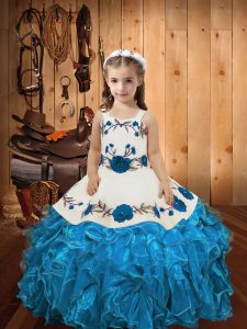 Baby Blue Sleeveless Floor Length Embroidery and Ruffles Lace Up Little Girls Pageant Dress