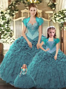 Sleeveless Tulle Floor Length Lace Up Sweet 16 Dress in Teal with Beading and Ruffles