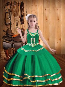 Green Organza Lace Up Straps Sleeveless Floor Length Pageant Dress Wholesale Embroidery and Ruffled Layers