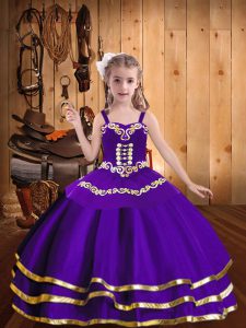 Purple Ball Gowns Organza Straps Sleeveless Embroidery and Ruffled Layers Floor Length Lace Up Evening Gowns