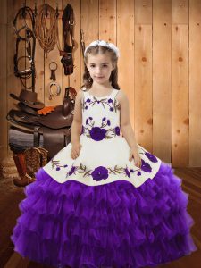 Most Popular Straps Sleeveless Little Girls Pageant Dress Wholesale Floor Length Embroidery and Ruffled Layers Eggplant Purple Organza