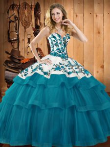 Adorable Teal Sleeveless Sweep Train Embroidery Quinceanera Gowns