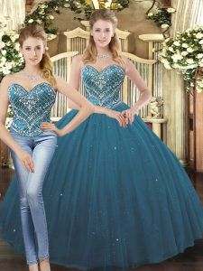 Elegant Teal Ball Gowns Sweetheart Sleeveless Tulle Floor Length Lace Up Beading and Ruffles Quinceanera Gowns