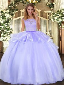 Lavender Clasp Handle Scoop Lace Sweet 16 Dress Organza Sleeveless