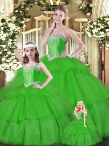 Hot Selling Green Ball Gowns Organza Sweetheart Sleeveless Beading and Ruffled Layers Floor Length Lace Up Sweet 16 Dresses