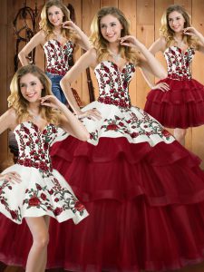 Organza Sweetheart Sleeveless Sweep Train Lace Up Embroidery Quinceanera Dresses in Wine Red