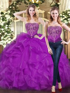 On Sale Purple Ball Gowns Sweetheart Sleeveless Organza Floor Length Lace Up Beading and Ruffles Quinceanera Dress